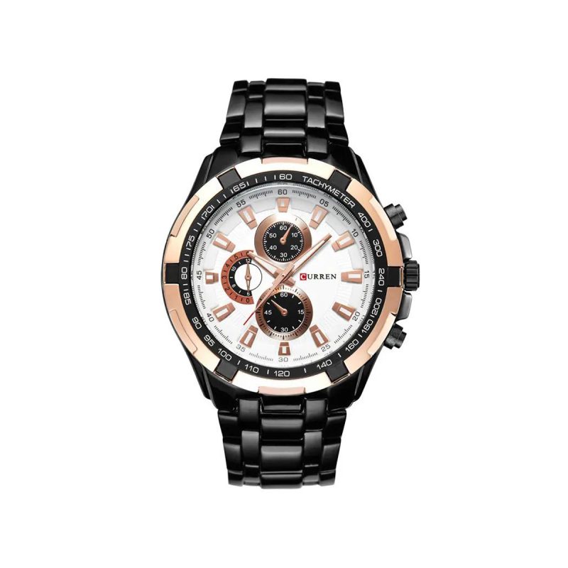 CURREN 8023 Analog Watch for Men – Black Rose Gold & White