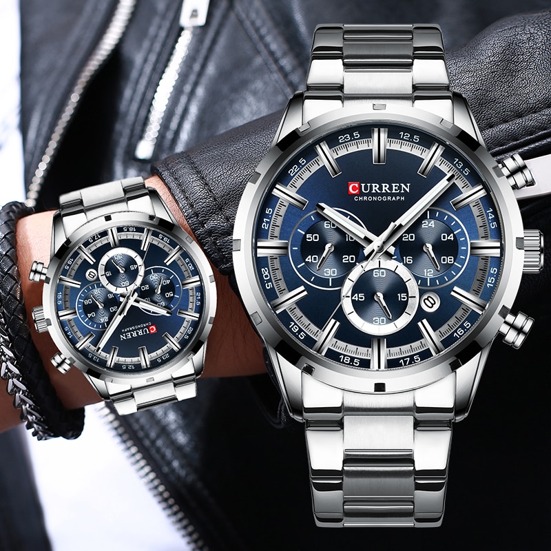 CURREN 8355 Multi-function Steel Strap Watch for Men – Silver & Blue
