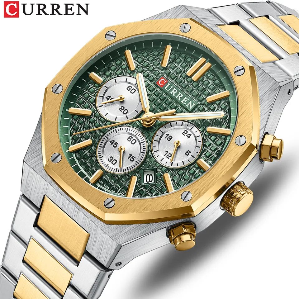 CURREN 8440 Authentic Stainless steel Chronograph watch for Men’s - Silver Gold & Green