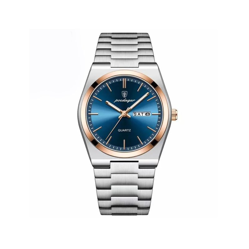 POEDAGAR 930 Stainless Steel Date & Week Casual Men's Quartz Watches - Silver Blue