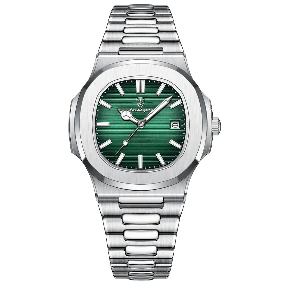 Poedagar 613 Business Quartz Luxury Stainless Steel Luminous Watch for Men- Silver Green
