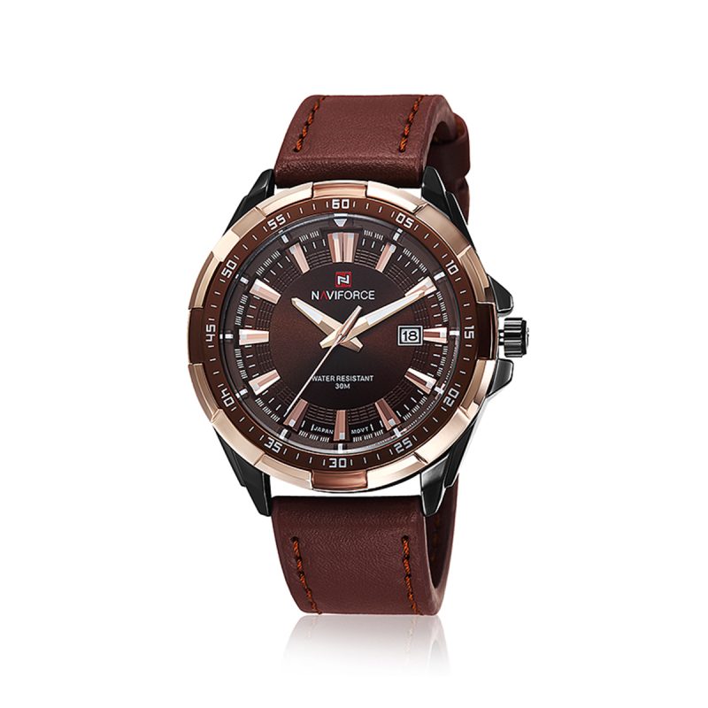 NAVIFORCE 9056 Men's PU Leather Band Quartz Watch-Brown