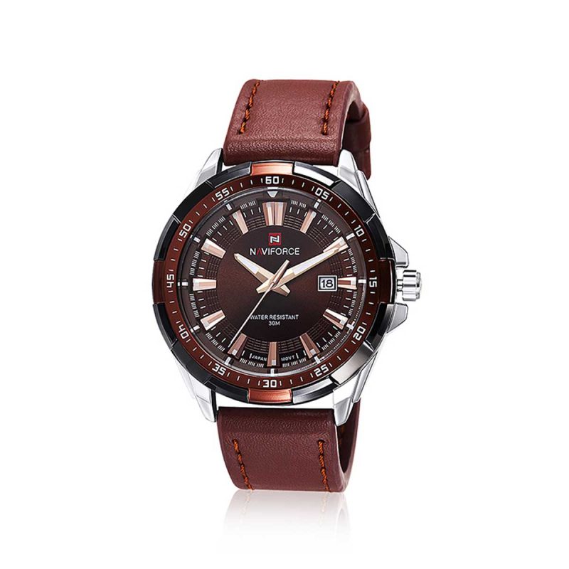 NAVIFORCE 9056 Men's PU Leather Band Watch-Silver & Brown