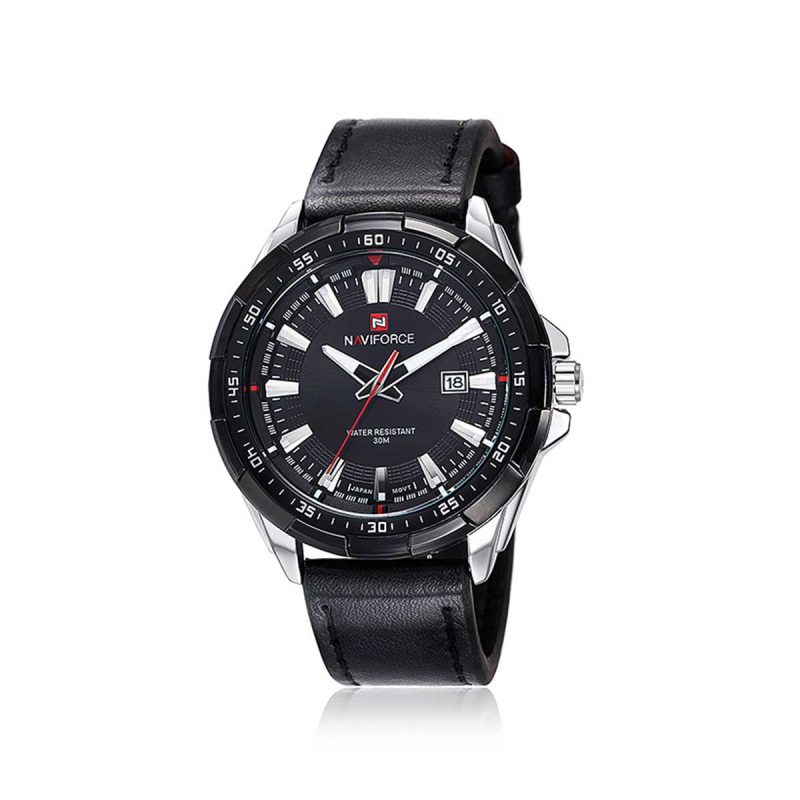 NAVIFORCE 9056 PU Leather Men's Band Watch-Silver & Black