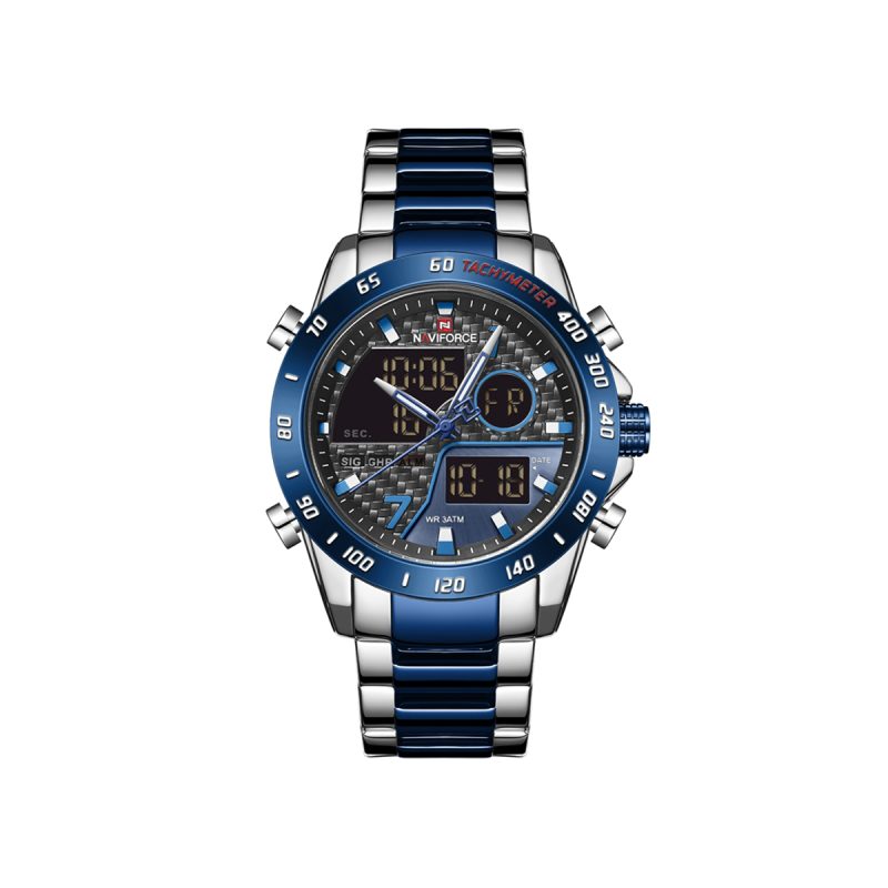 NAVIFORCE 9171 Dual Time Steel Strap Watch-Silver Blue