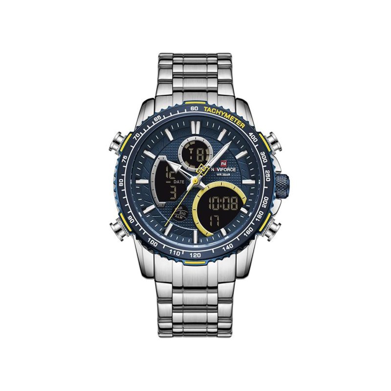 NAVIFORCE 9182 Chromium Dual Time Steel Watch-Silver Blue