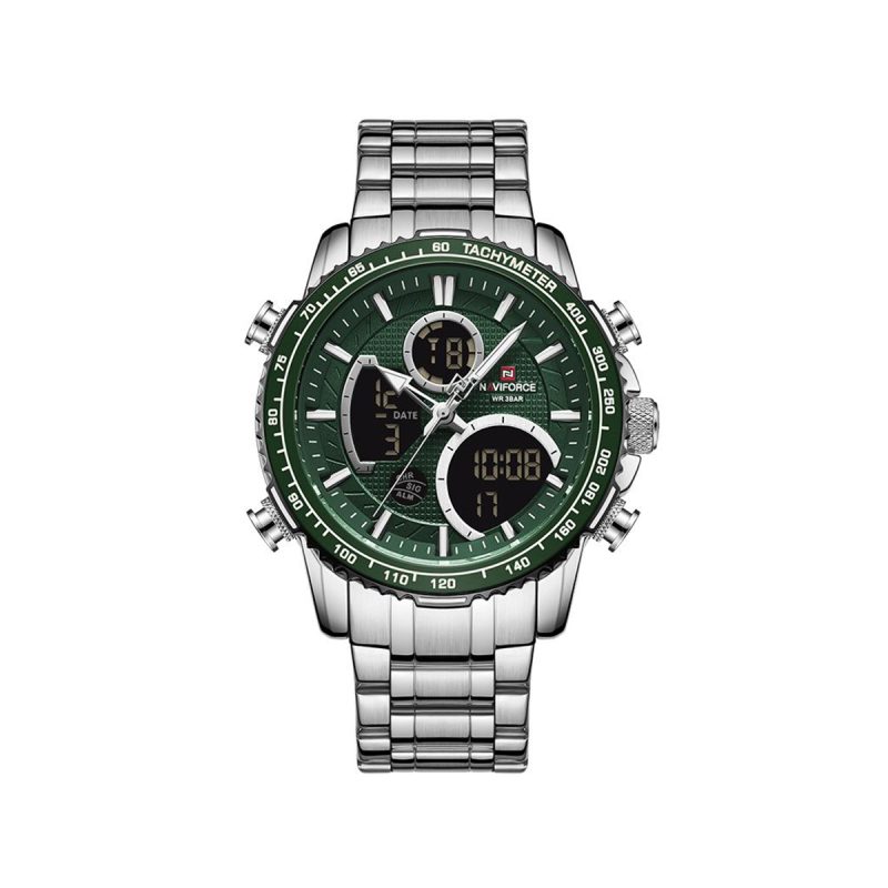 NAVIFORCE 9182 Dual Time Chromium Steel Watch-Silver Green