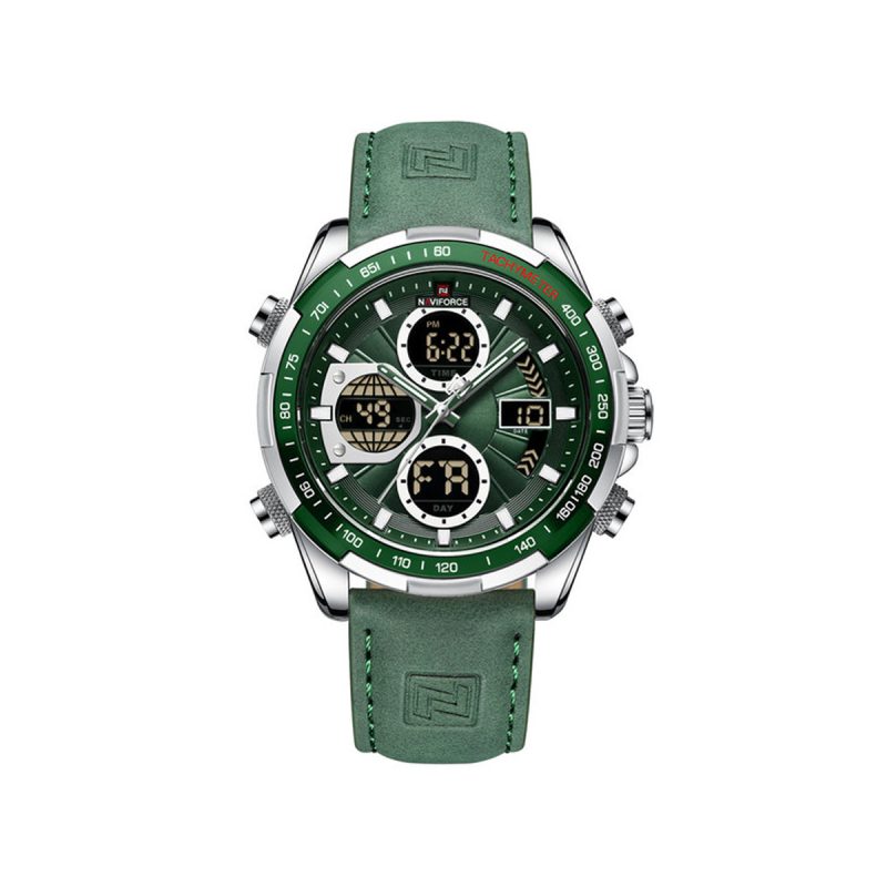 NAVIFORCE 9197 Leather Casual Dual Time Watch-Green